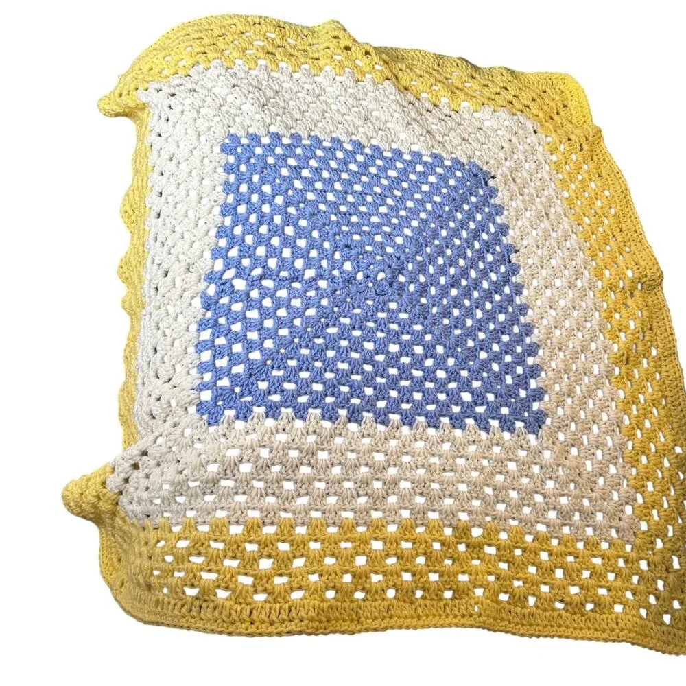 Handmade Crochet Knit Baby Crib Blanket Yellow White Blue Soft Cotton Throw